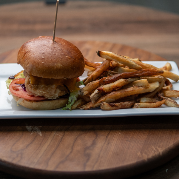 Sandwich and fries with a side of drink