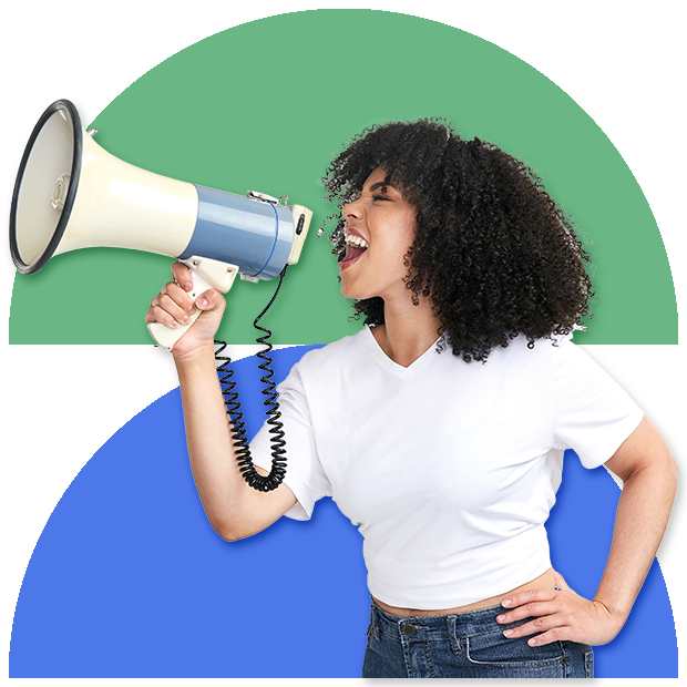 A girl shouting through a loudspeaker