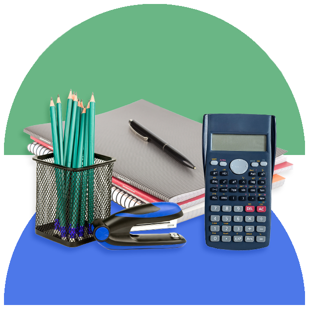 A calculator, bunch of pencils, and books stacked with a pen on top